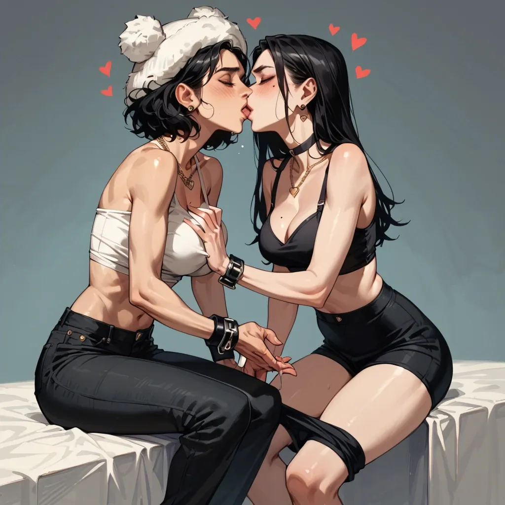 2girl, , , , twitching,cuffs on legs,big boobs,slender waist,bare shoulders, mole on breast,good hands,big perky boobs,medium boobs,kissing neck, pants down,heart necklace,fur hat,black panties,gothic boots, bare navel, trained thighs, zelda, jasmine