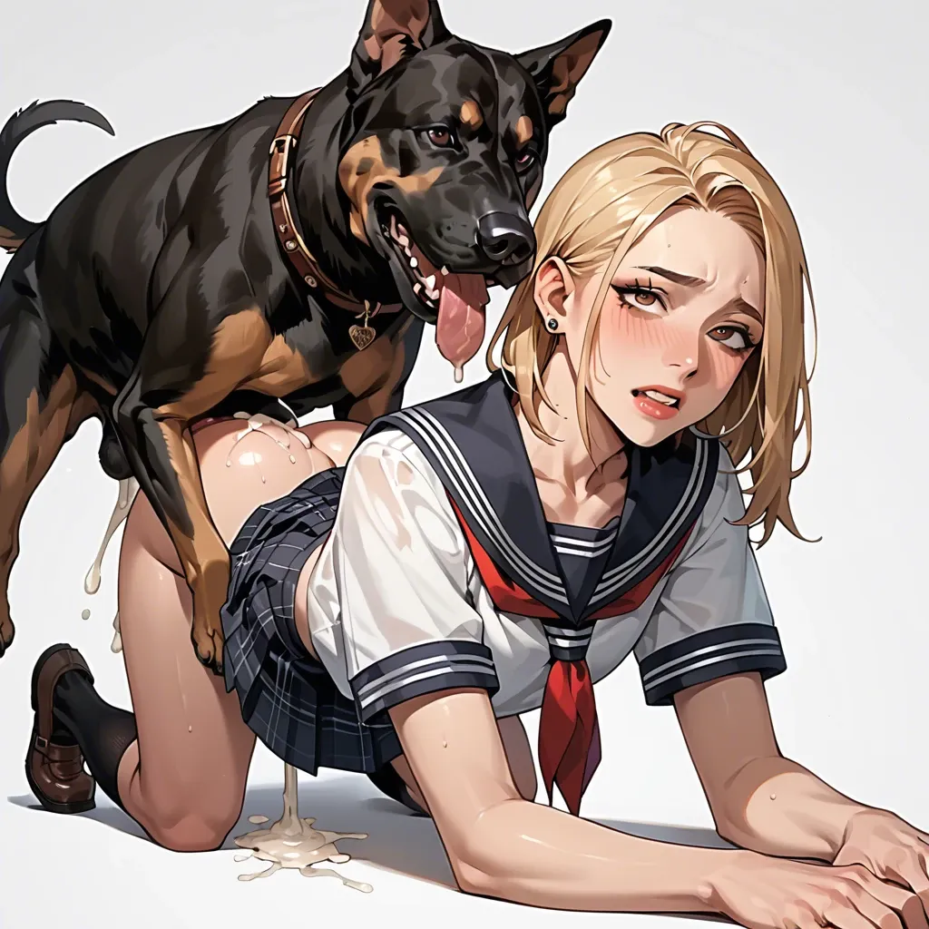 (ass fucked by dog), (zoophilia), shoulder length hair, brown eyes, blonde, school uniform, earring, (femboy with cock), with huge dog, (on all fours), under dog, (ass fucked by dog), cum blast, (rear view), red dog cock fucks ass, anal sex, knotty penis, detailed, fetish, anal creampie, cum blast, top down, doggy style, ahegao, horny, smiling, facing viewer, in an alley, late night, <lora:708827_training_data:.5>