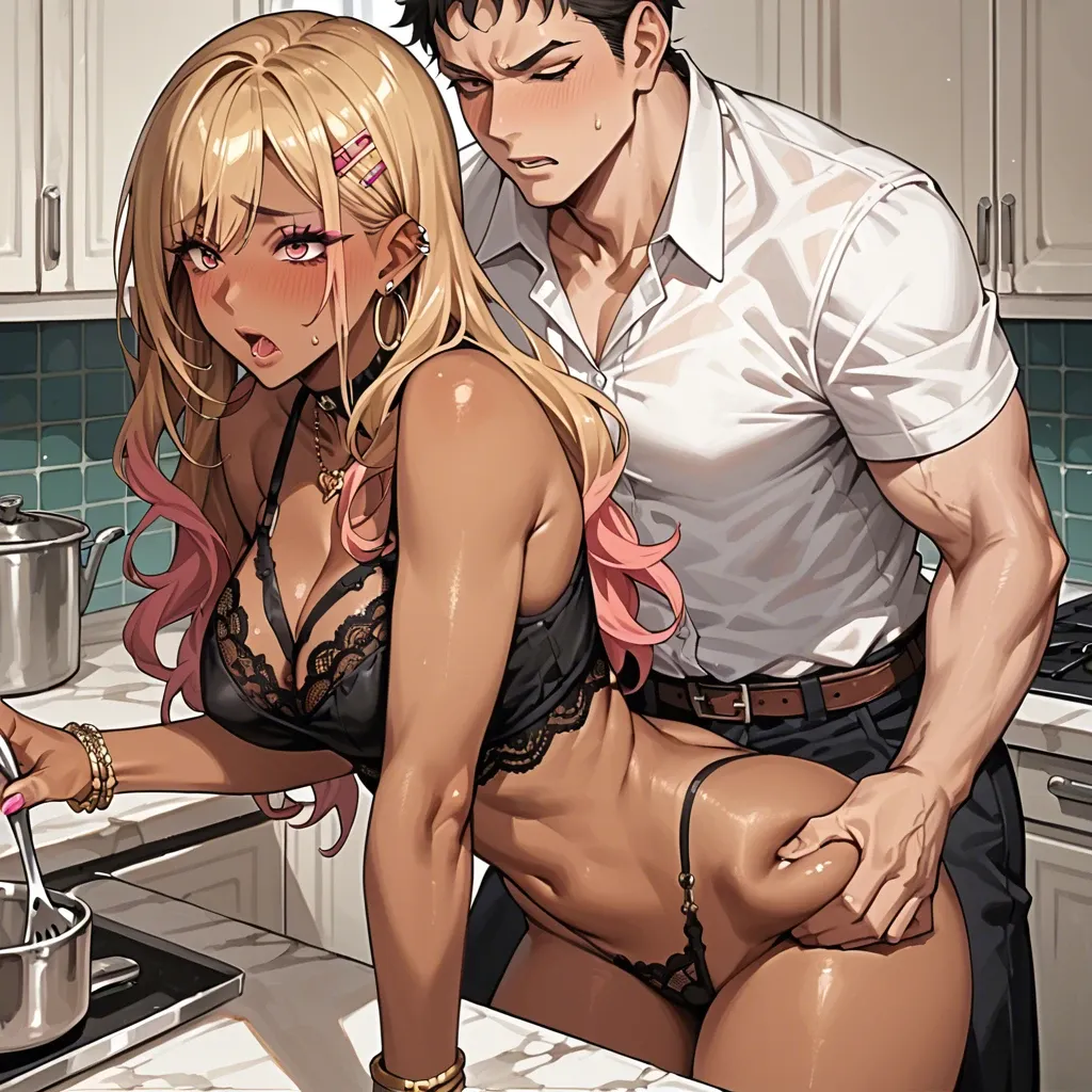 1girl, gyaru, boy, lace crop top,black lace highleg thong ,shy face, kitchen,  boy gropes girl's body