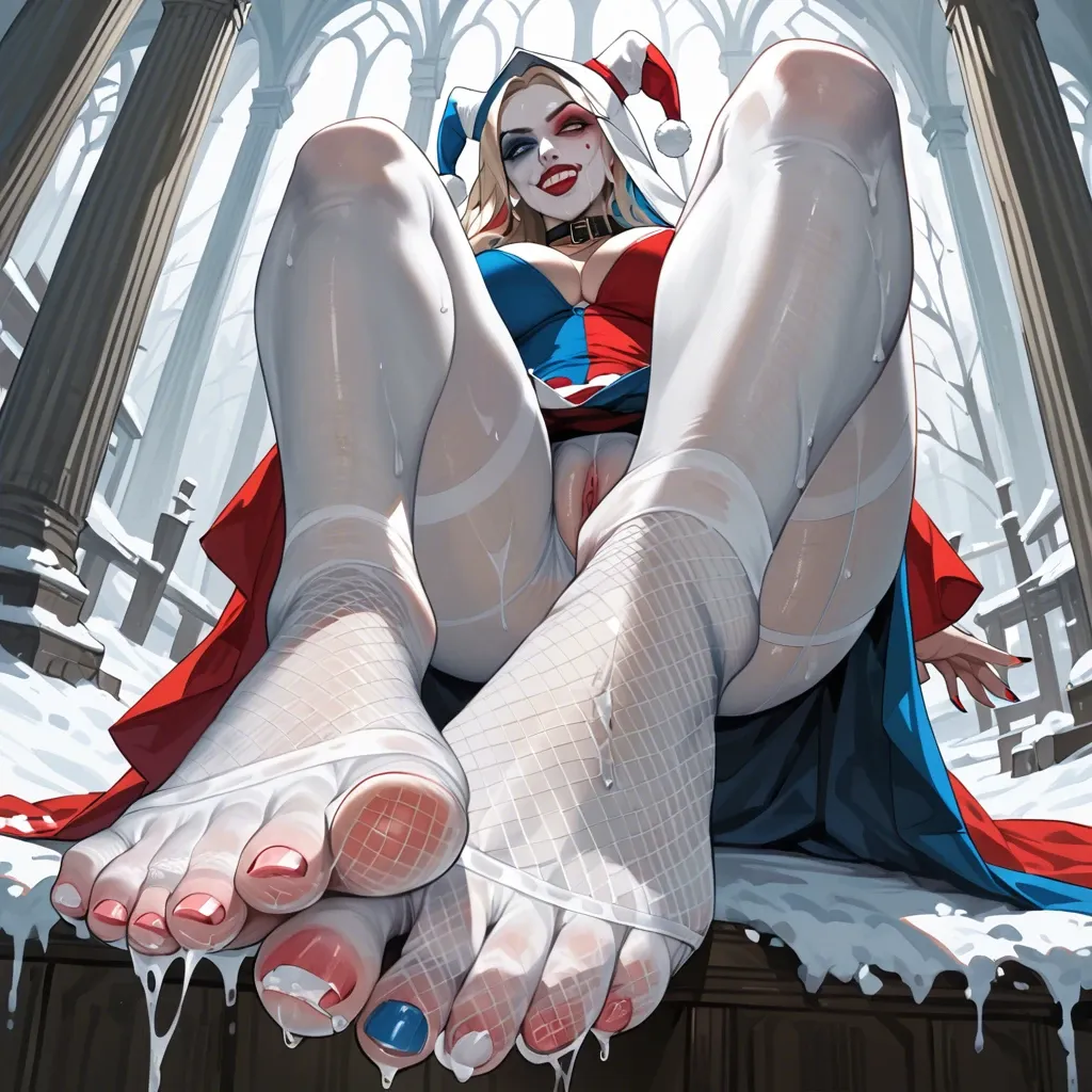 snow maiden Harley Quinn, white fishnet pantyhose, (thick thighs), (foot fetish), (feet focus), view from below, sweating feet,