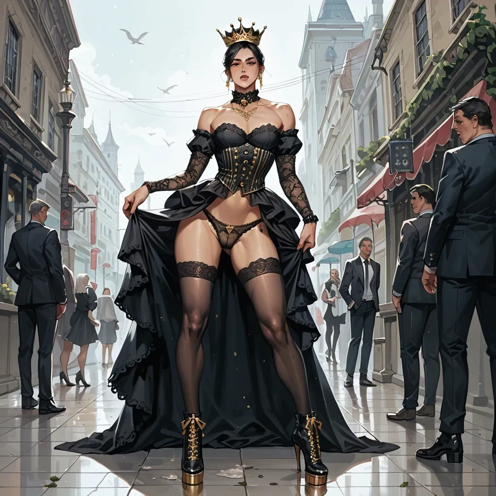 1girl,1boy, , , , cute nose,establishing,erected nipples,massive boobs,bare shoulders, crossdressing,black stockings,gold jewelry,lace panties,gothic boots, glittery dress,black stockings,crown,cotton panties,heels, showering, male restrained, spaceship, wonder woman