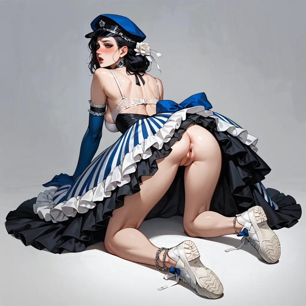 2girl, , , , nose blush,feet apart,round tits,back view,impaled, silk gown,anklets,garrison cap,white bra,gothic boots, uniform,striped skirt,blue gloves,lace lingerie,white sneakers, living room, parking, cyberpunk, sex on table, source anime, studio lighting