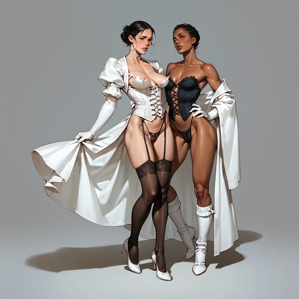 2girl, , , , shiny lips,elbow gloves,saggy boobs,navel,very dark skin, no skirt,black stockings,black panties,corset,ballet shoes, robe,baggy socks,highleg panties,lingerie,white boots, bathroom stall, street, medieval prison, riding dildo, tifa lockhart, anna and elsa, waifu