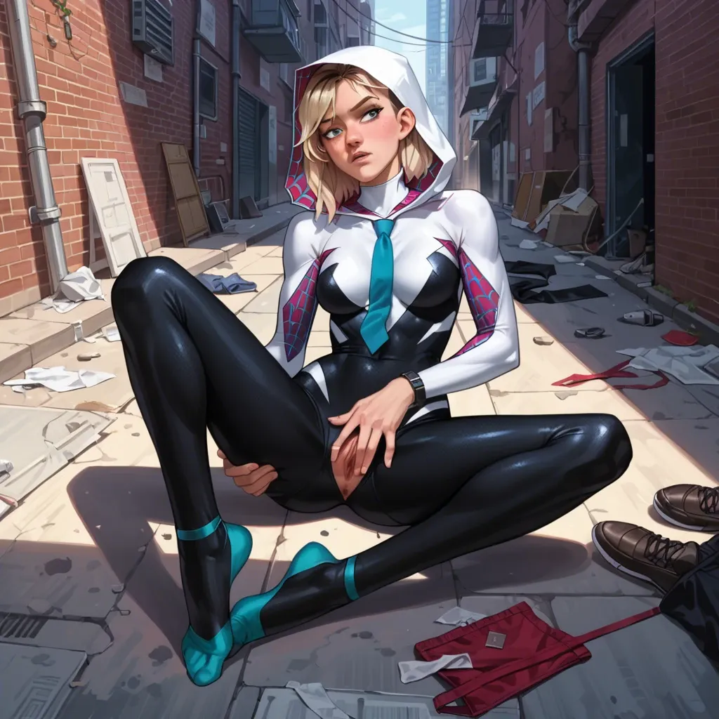 2girl, , , , thin nose,warm,perky tits,leaning back,necktie, pants pull,laced bodysuit,bracelets,one-piece,no shoes, alley, spaceship, anime screencap, dark sky, spider-gwen, ariel waifu