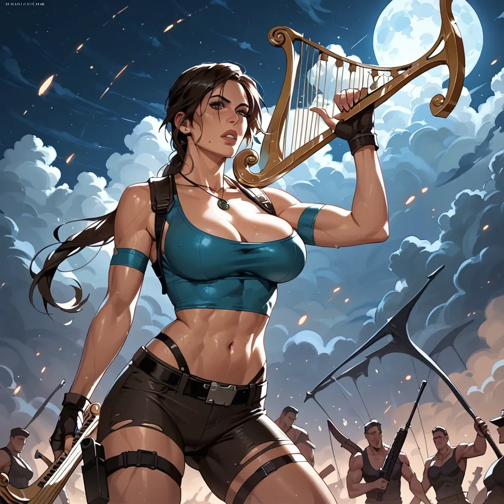 Lara Croft, large breasts, cleavage, nip slip, smooth skin, skin tight crop top,  harp, gun, night, clouds