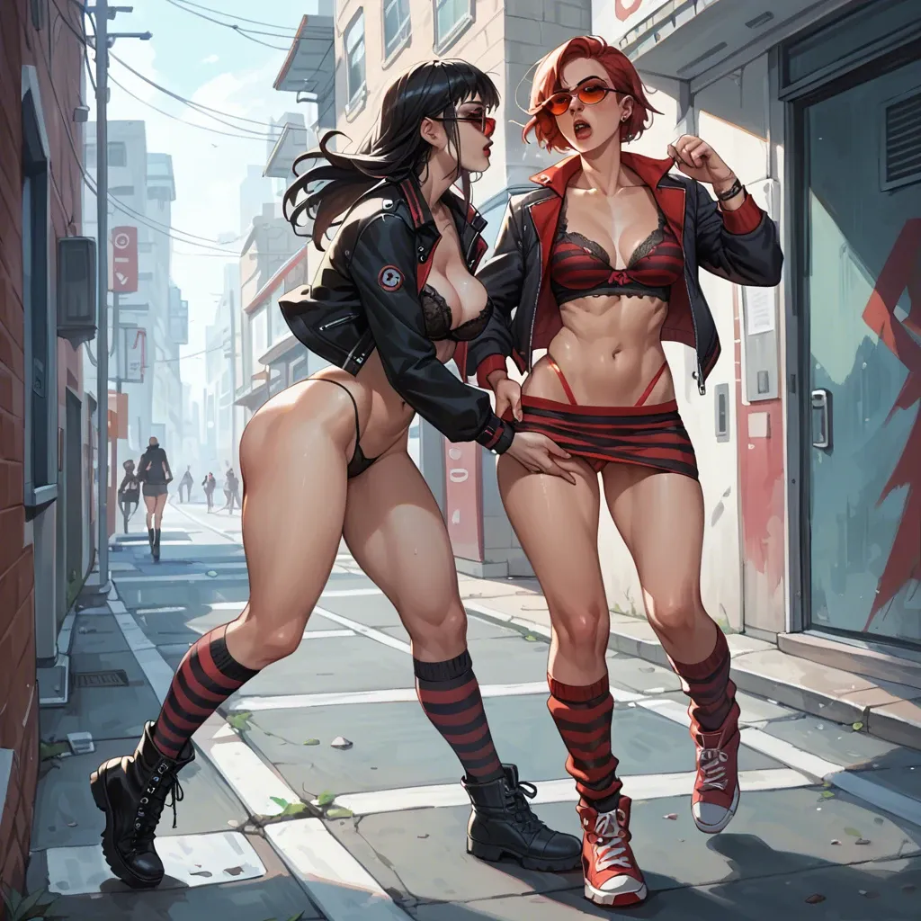 2girl, , , , cheekbones,fingering,perky breast,hips grab,knee, open jacket,leg warmers,red sunglasses,thong,gothic boots, pull shirt,striped skirt,red sunglasses,open torn bra,running shoes, gamer bedroom, crowded train, castle, super mario, wonder woman