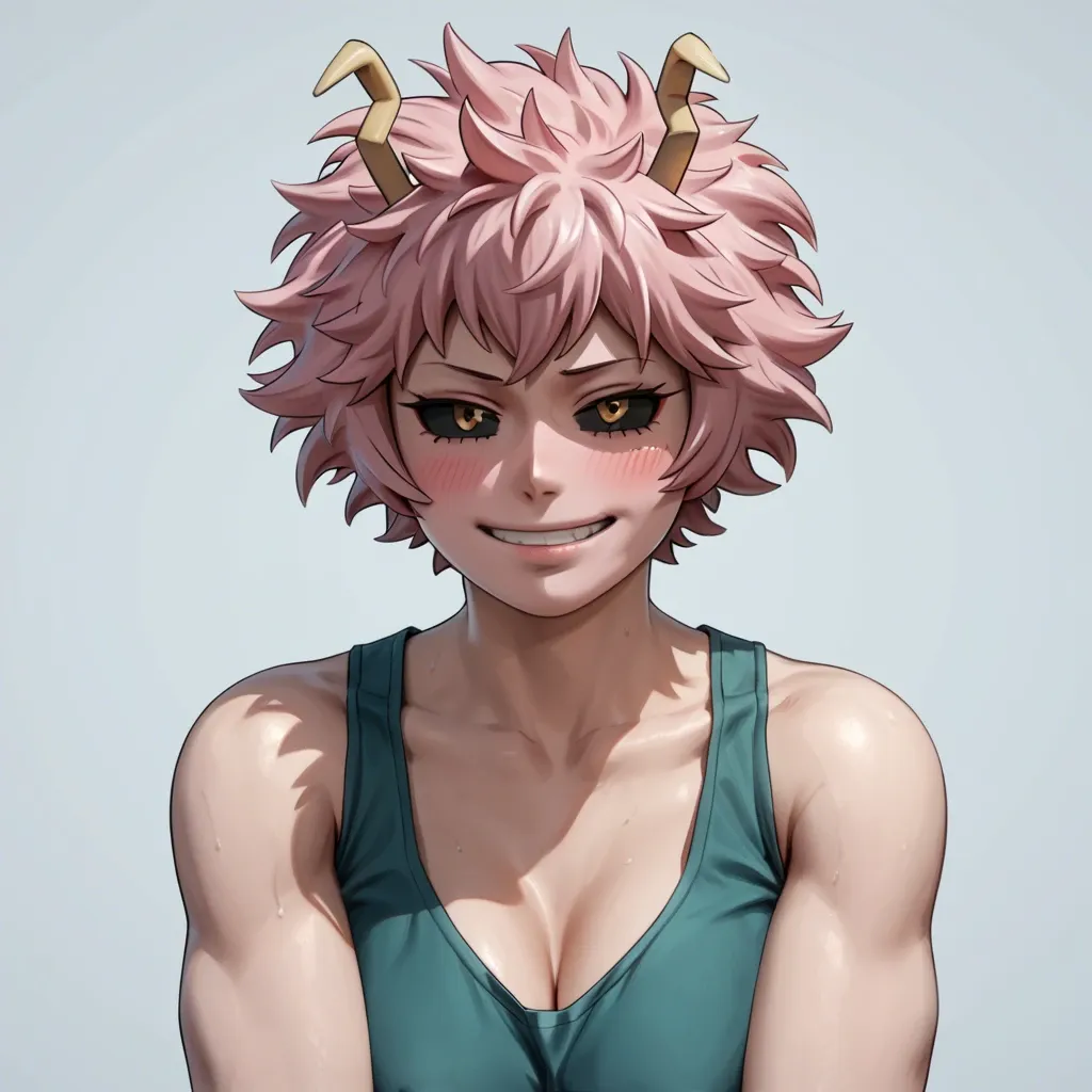 3D, Mina Ashido from My Hero Academia, clean detailed face, pink cotton panties, tank top, seducing challenging smirk, blushing