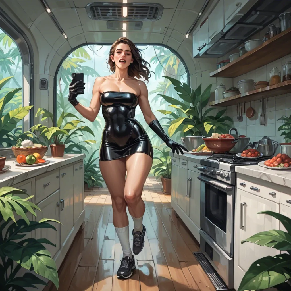 2girl, , , , teeth,good fingers,big boobs,very large hips,knees up, glittery dress,white socks,latex gloves,black thong,running shoes, in a kitchen, girl in jungle, spaceship, phone screen, realistic photo, very dark skin, mario, ariel waifu