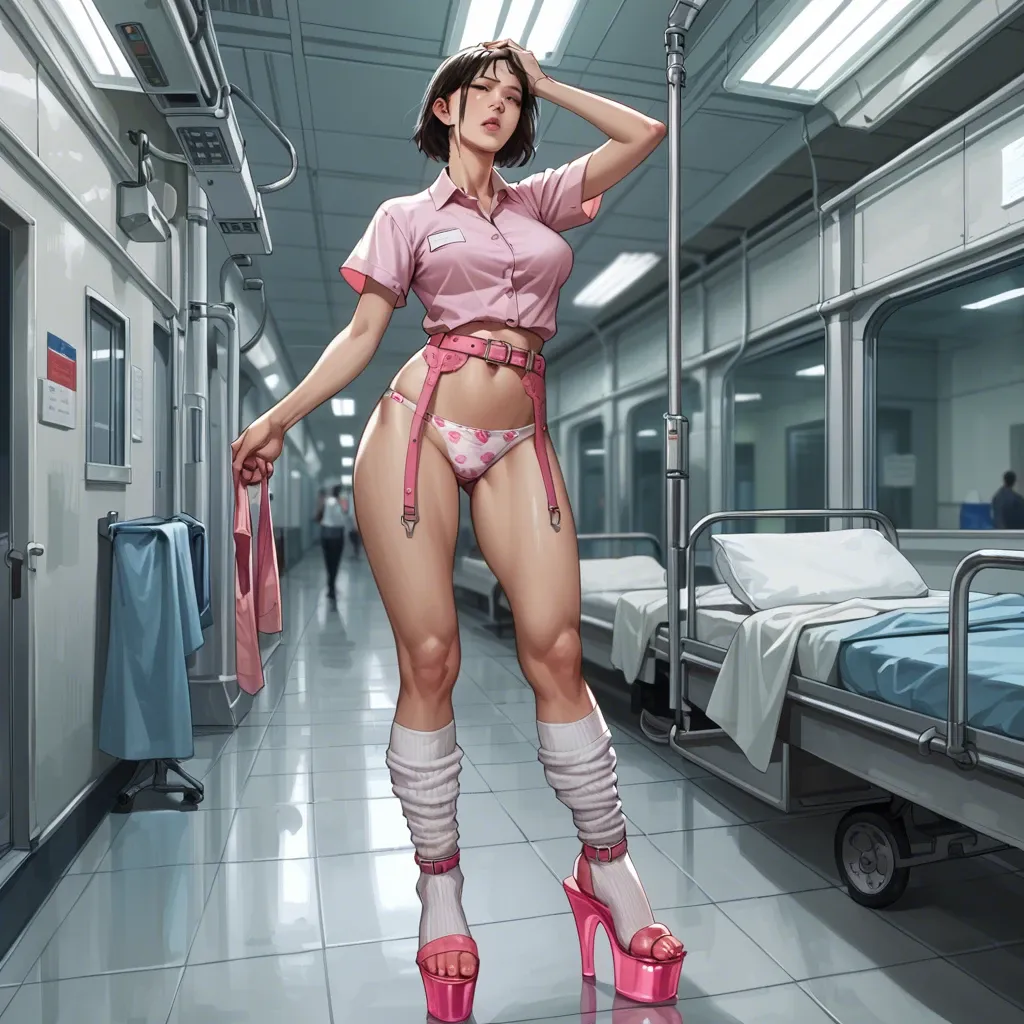 1girl,solo, , , , bubble in nose,steamy feet,big boobs,grab head,pink scaly skin, undress,baggy socks,suspender belt,print panties,platform heels, hospital, crowded street, spaceship, anime screencap, bright-lit, linked, waifu