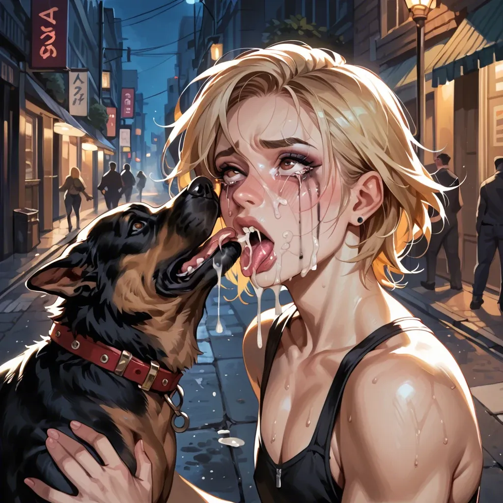 (ass fucked by dog), middle of the street, night, (femboy with dick), rear view, smelly (dog cock steam), cum steam, (zoophilia), shoulder length hair, tears, mascara running, cumming, brown eyes, blonde, school uniform, earring, (femboy with dick), with huge dog, (on all fours), under dog, cum explosion, lots of cum, red dog cock fucks ass, anal sex, knotty penis, detailed, fetish, anal creampie, cum explosion, top down, doggy style, ahegao, horny, smile, facing viewer