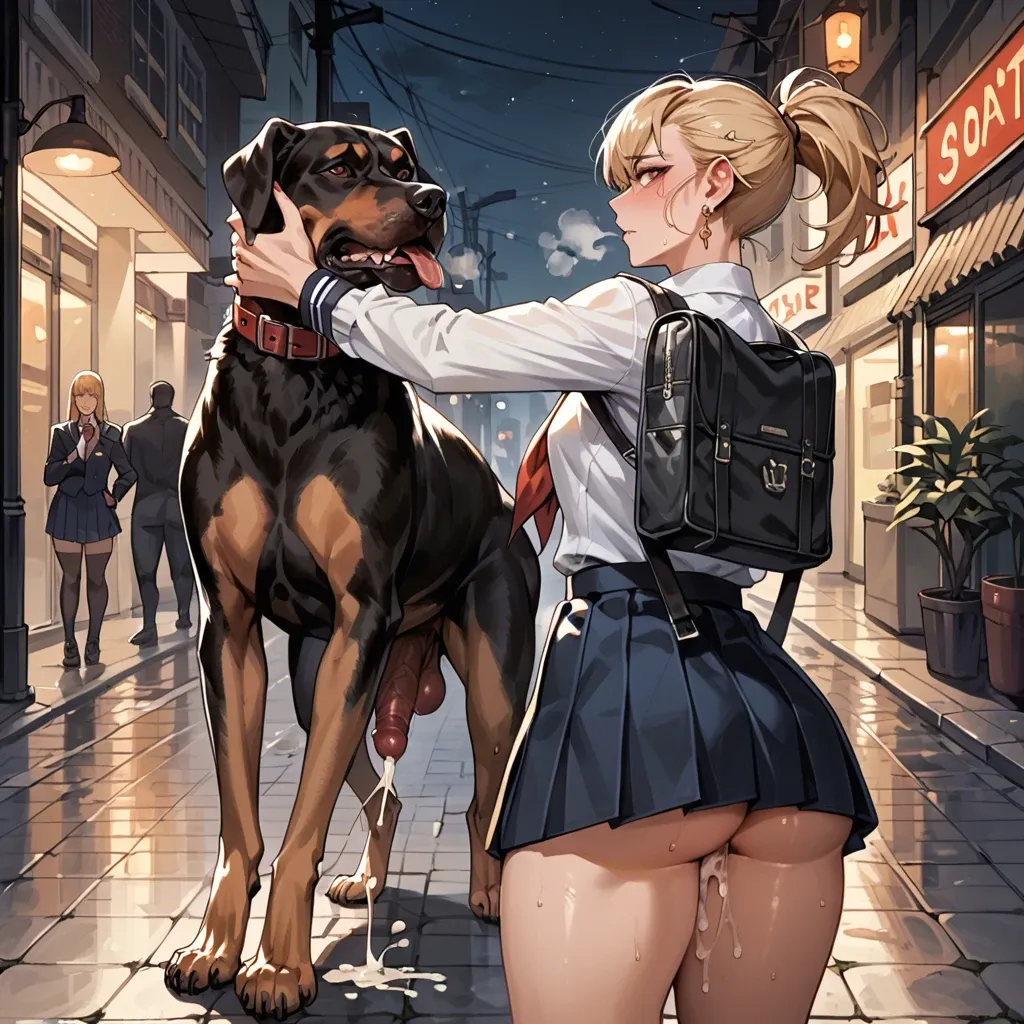 (ass fucked by dog), middle of the street, night, (femboy with dick), rear view, smelly (dog cock steam), cum steam, (zoophilia), shoulder length hair, cumming, brown eyes, blonde, school uniform, earring, (femboy with dick), with huge dog, (on all fours), under dog, cum explosion, lots of cum, red dog cock fucks ass, anal sex, knotty penis, detailed, fetish, anal creampie, cum explosion, top down, doggy style, ahegao, horny, smile, facing viewer