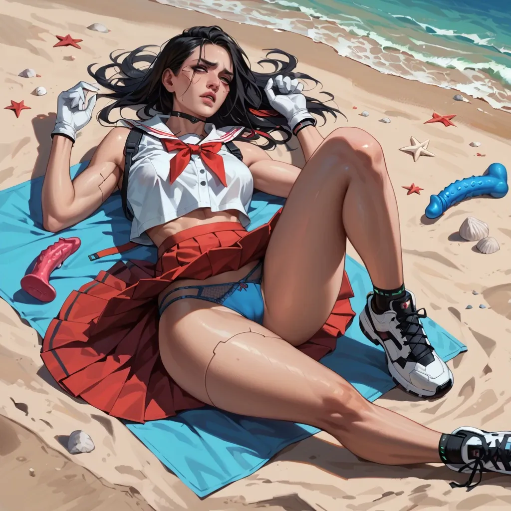 1girl,solo, , , , thin nose,finger,perky boobs,round hips,bare shoulders, red skirt,black fishnet,white gloves,blue panties,black sneakers, school uniform, lying on beach, cyberpunk, floating dildo, samus, waifu