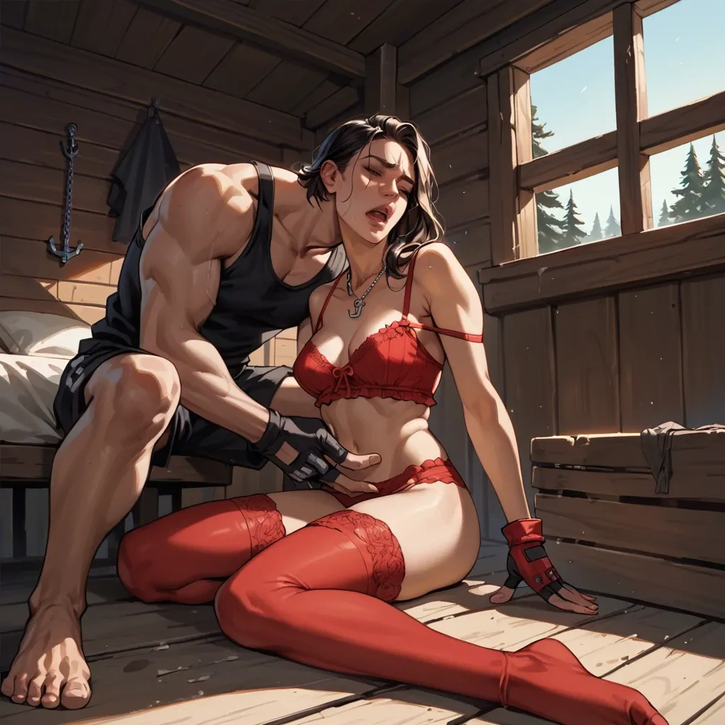 1girl,1boy, , , , nose,fingerless,saggy boobs,cabin,anchor necklace, high cheekbones,bare arms,perky breasts,black fabric,off-shoulder, blouse,red stockings,racing gloves,lace lingerie,sneakers, living room, spaceship, computers, painted, backlit