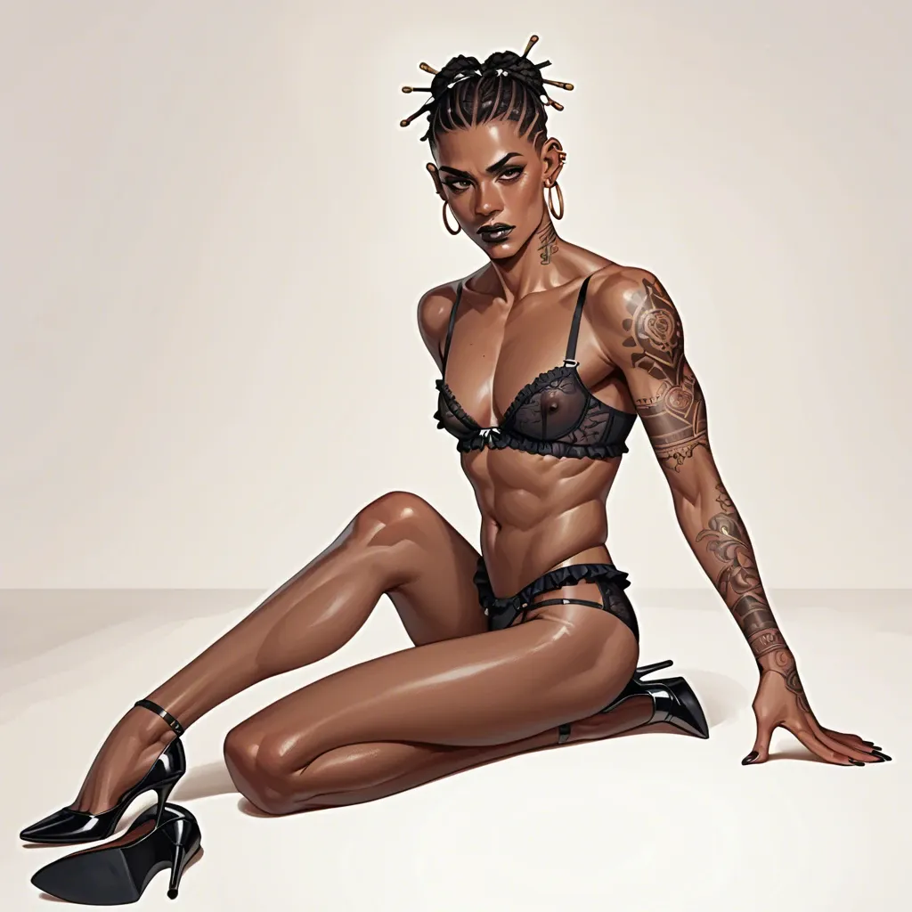 Fembot, crossdresser, dick in panties, Tall, very black skinned west African, slim toned body, tattooed arms, long legs, black fringed wig, wearing lingerie, a bra over his male chest, high heels lipstick, hooped ear rings, panties with a big bulge