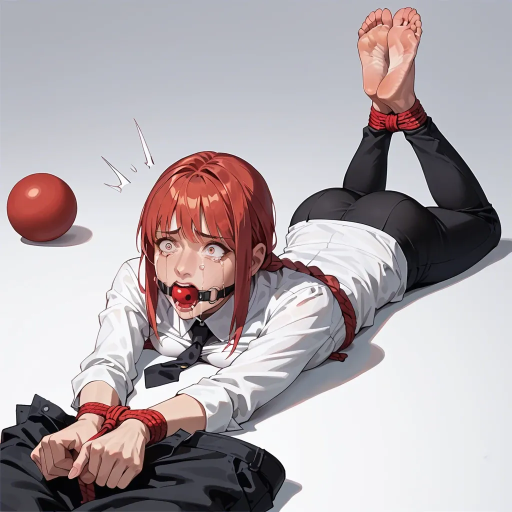 Makima, rope bondage, red ball gag, drool, shocked, scared, crying, perfect face, perfect feet, white shirt, black trousers, black necktie, no shoes, laying on stomach, feet up, tightest bondage, rope hogtied, hands behind the back, red ball gag, face view