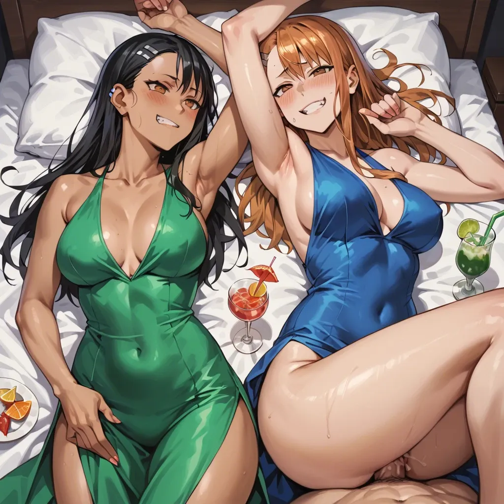 2 girls,Hayase nagatoro, kugisaki nobara, lying on back, lying on bed, missionary Position, huge ass, cocktail dress, jewelry