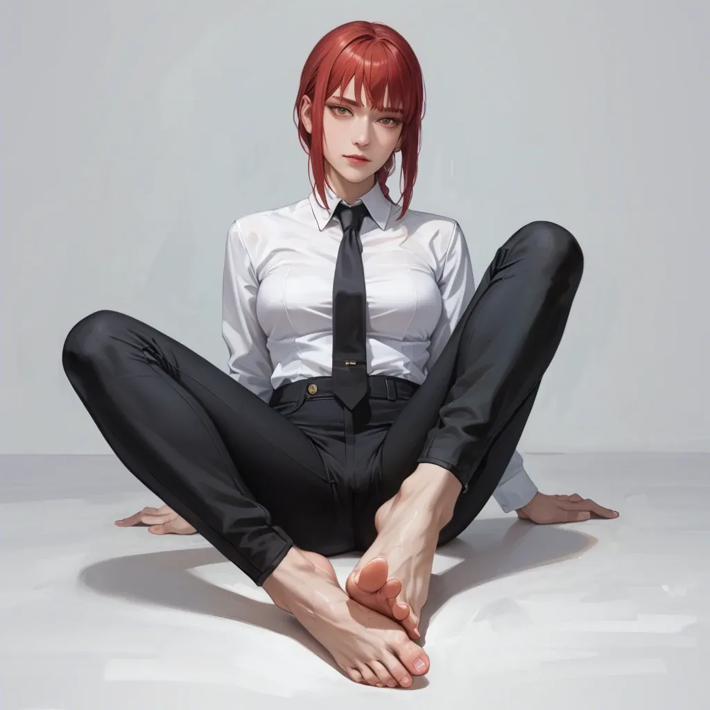 Best quality, masterpiece, ultra realistic, 4K, 8K, full body, Makima, teasing, perfect face, perfect feet, perfect soles, 5 toes, beautiful eyes, white shirt, black trousers, black necktie, no shoes, sitting on chair, crossed legs, front view