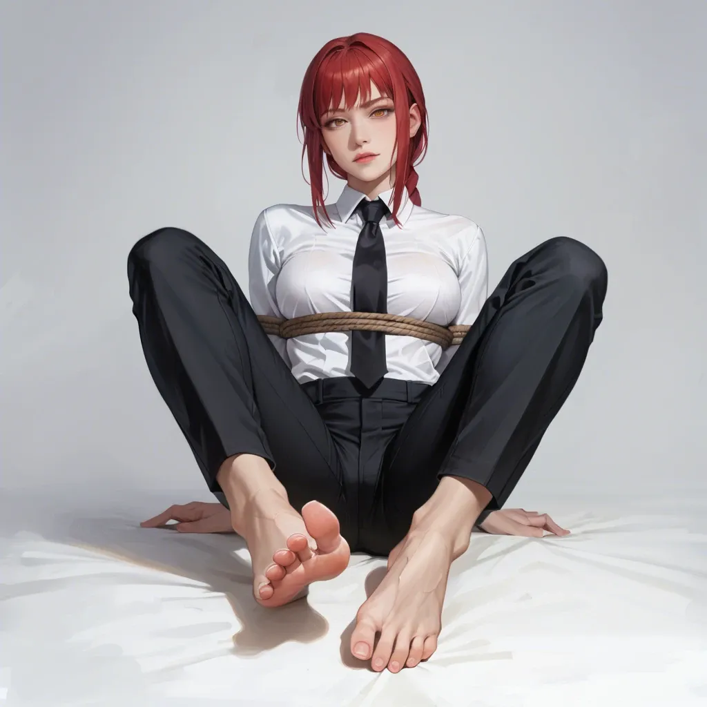 Best quality, masterpiece, ultra realistic, 4K, 8K, full body, Makima, teasing, perfect face, perfect feet, perfect soles, 5 toes, beautiful eyes, white shirt, black trousers, black necktie, no shoes, rope bondage, tightest bondage, rope hogtied, red ball gag, front view