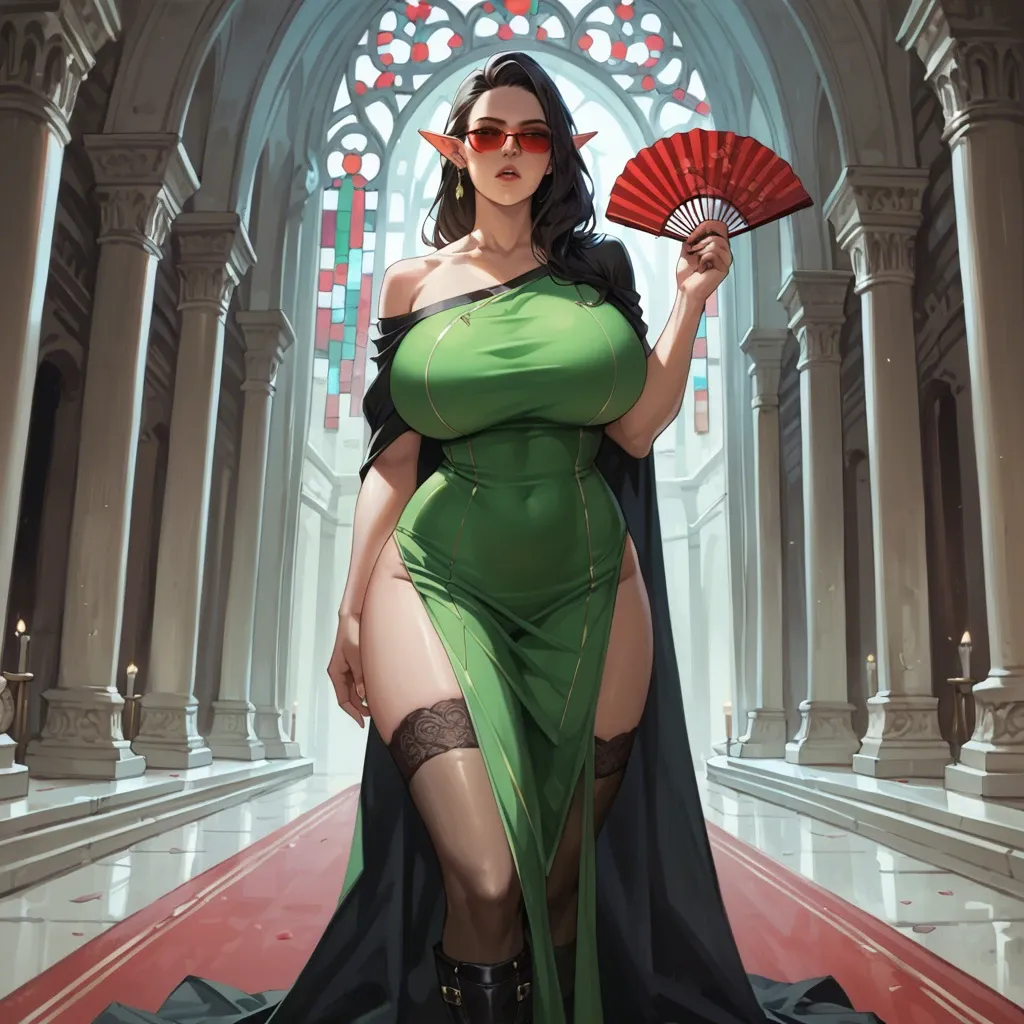 1girl,solo, , , , molest,hand fan,huge breasts,hip thrusts,bare shoulders, t-shirt,sexy stockings,red sunglasses,green bodysuit,black boots, lift dress up,elf palace,cape,one-piece,high heels, royal bedroom, fantasy forest, cyberpunk, anime coloring, lowlight, zelda