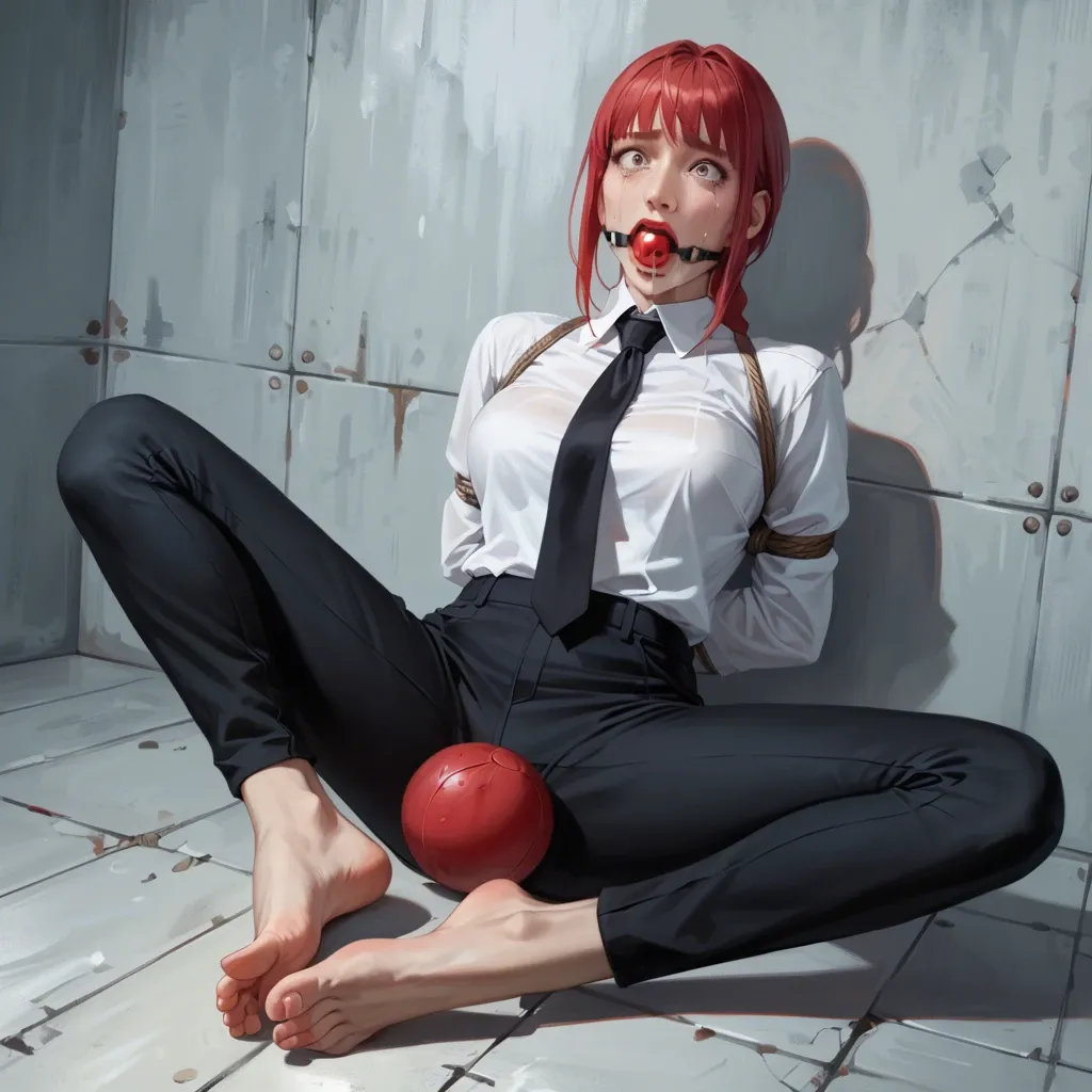 Best quality, masterpiece, ultra realistic, 4K, 8K, full body, Makima, rope bondage, red ball gag, drool, shocked, scared, crying, perfect face, perfect feet, white shirt, black trousers, black necktie, no shoes, laying on stomach, feet up, tightest bondage, rope hogtied, red ball gag, front view