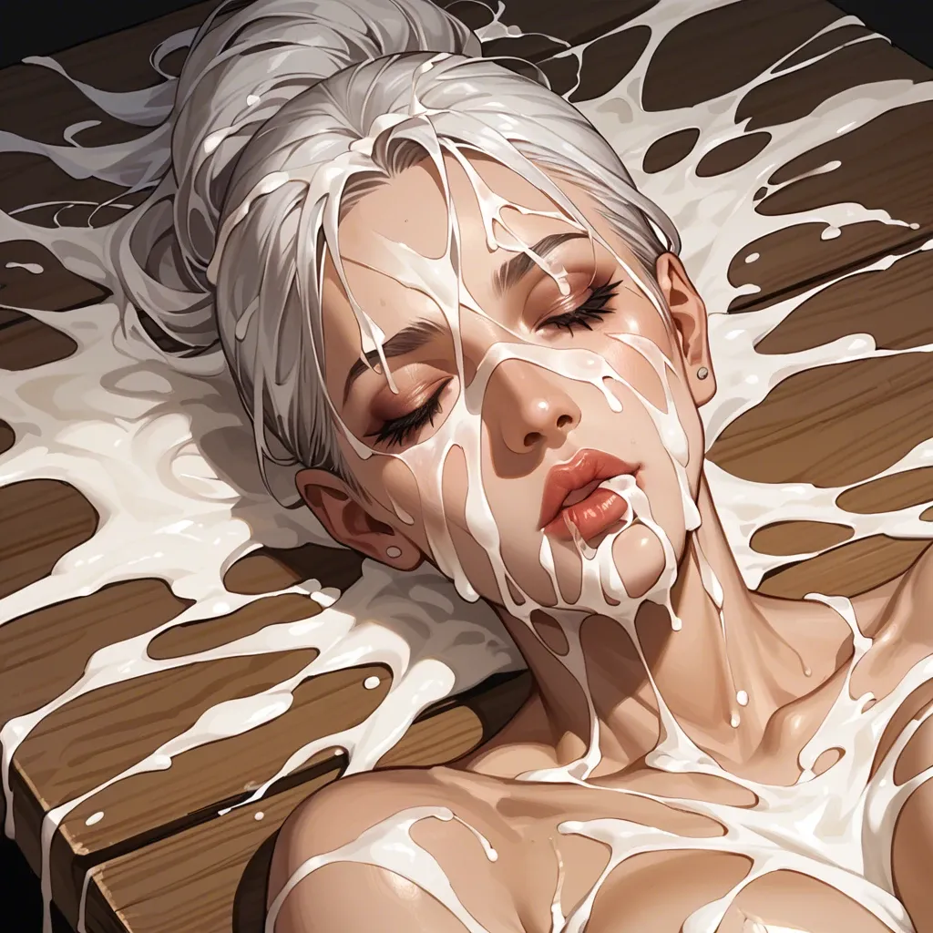 super close up view. All face covered in bukkake cum Woman lying on table, eyes closed, face totally hidden/covered in gallons of mega load thick bukkake cum. thick cum all over hair. All face covered