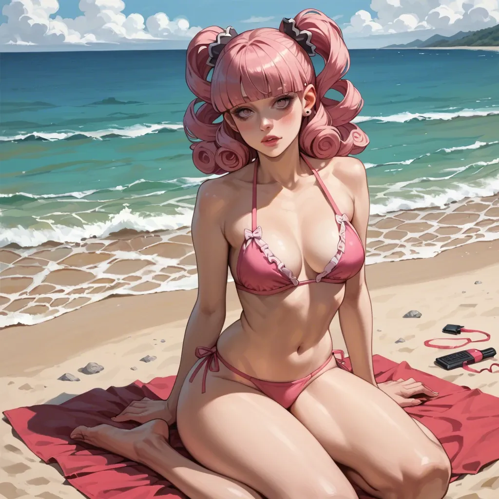 1girl, manga style, vanilla, front view, perona (One Pièce),big boobs, sit on the beach, large hips, bubble butt, pink bikini, sexy pose, perfect body, pink curly hair