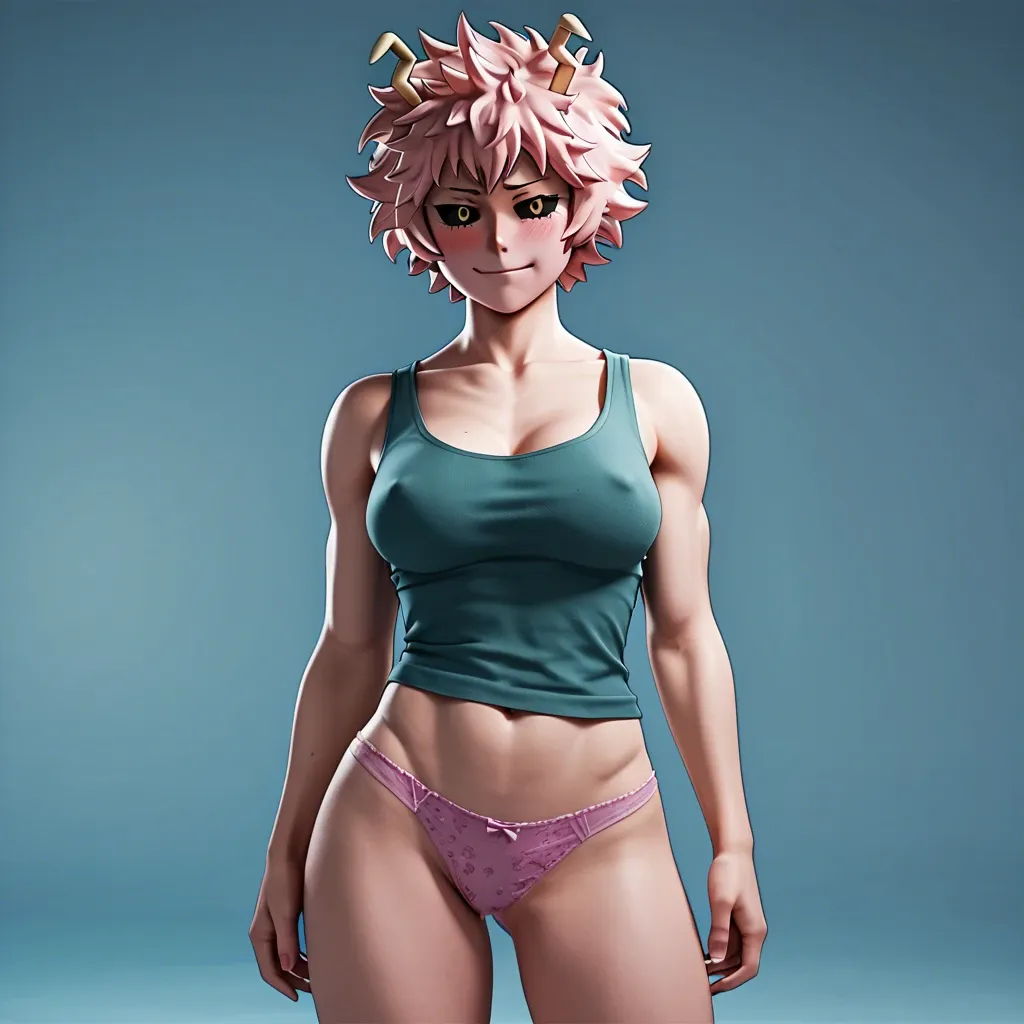 3D, Mina Ashido from My Hero Academia, clean detailed face, pink cotton panties, tank top, seducing challenging smirk, blushing