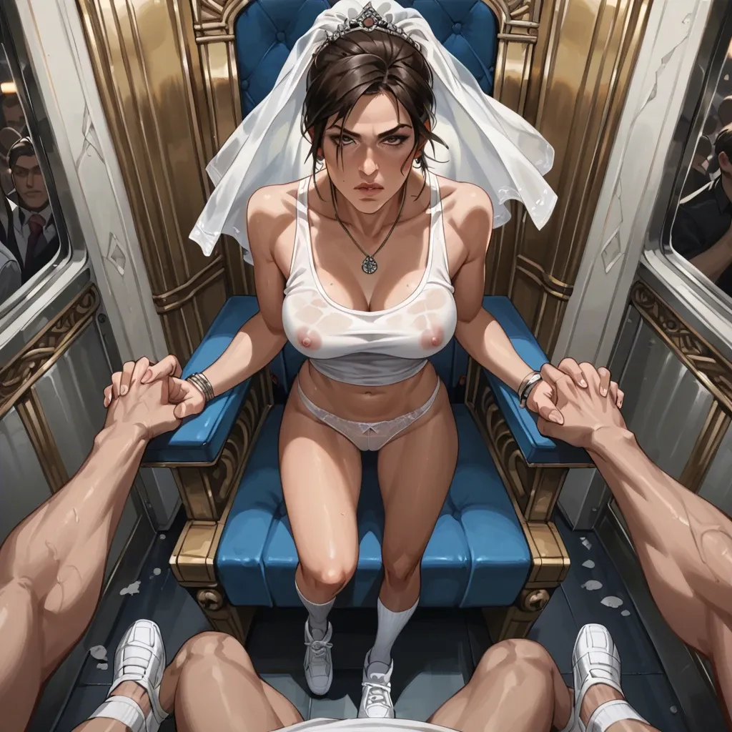 1girl,2boy, , , , thin nose,hands,perky breasts,soft breasts,tank top, underpants,white socks,white veil,panties,running shoes, crowded train, throne room, pov, cartoon, nightclub, lara croft, ayanami, anal