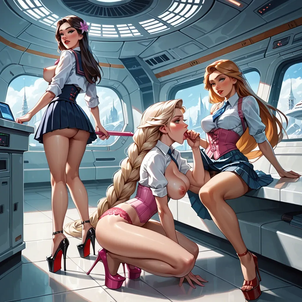 School uniform, sexy, seductive, lace, lace panties, pink corset, platform heels, round breast, spaceship, 3girls, Zelda, Elsa, Rapunzel, waifu, school, hotel, blowjob