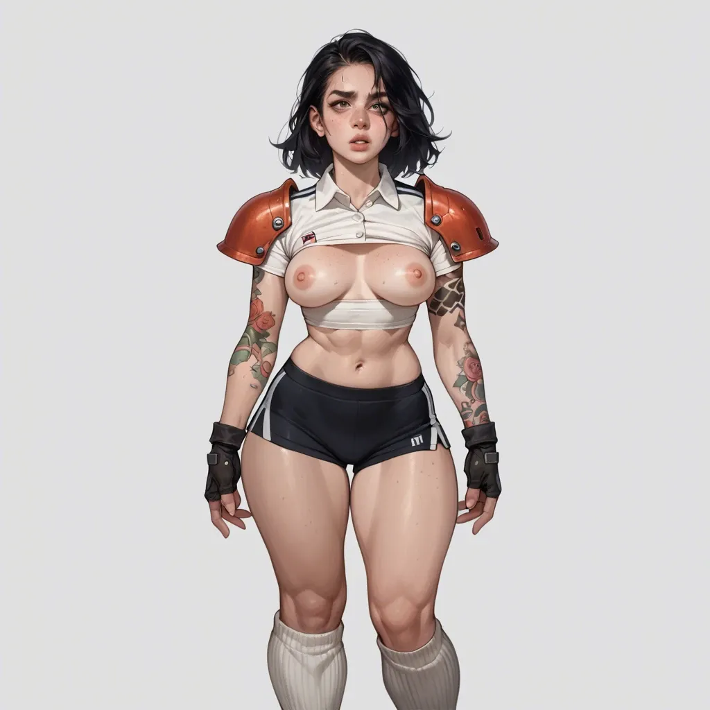 1girl,solo, , , , cute nose,4 fingers,perfect nipples,big hips,shoulder pads, freckles,arm tattoos,round tits,waist grab,very pale skin, t-shirt,baggy socks,collared shirt,sports bra,platform heels, nobara, garden, cyberpunk, robot eyes, wonder woman, dynamics