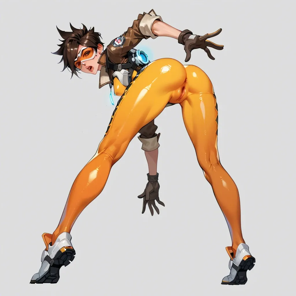 Toon style, cartoon style, 1girl, clothet, Tracer, Orange bodysuit, long legs, athletic body