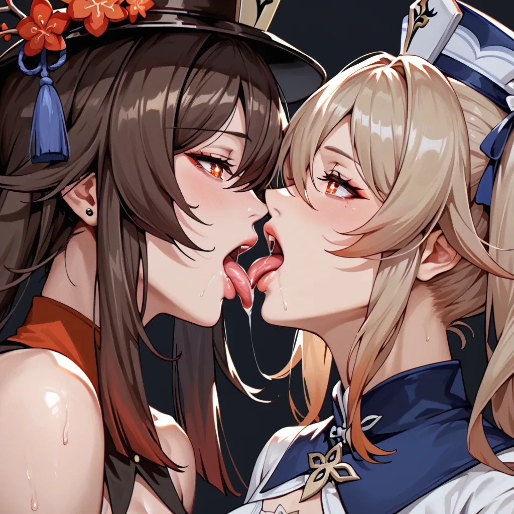 Barbara, Hu Tao, 2girl, kiss, genshin impact, 4k, hornei, Excitement, long tongues, Yuri, anime