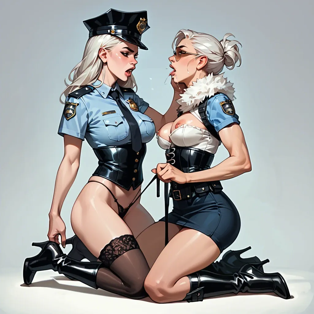 2girl, , , , high nose,kneeling female,perky breast,side breasts,ankles, saliva on shirt,socks,fur collar,corset,heels, police uniform,stockings,opaque glasses,thong,knee boots, pants,white socks,gold bracelets,thongs,thigh boots, field, castle, luggage, dildo riding, princess zelda