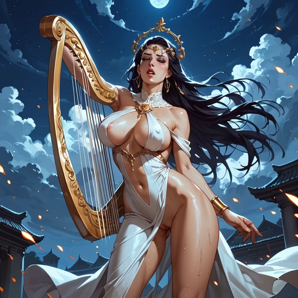 Sex goddess, large breasts, revealing dress, nip slip, smooth skin, harp, night, clouds