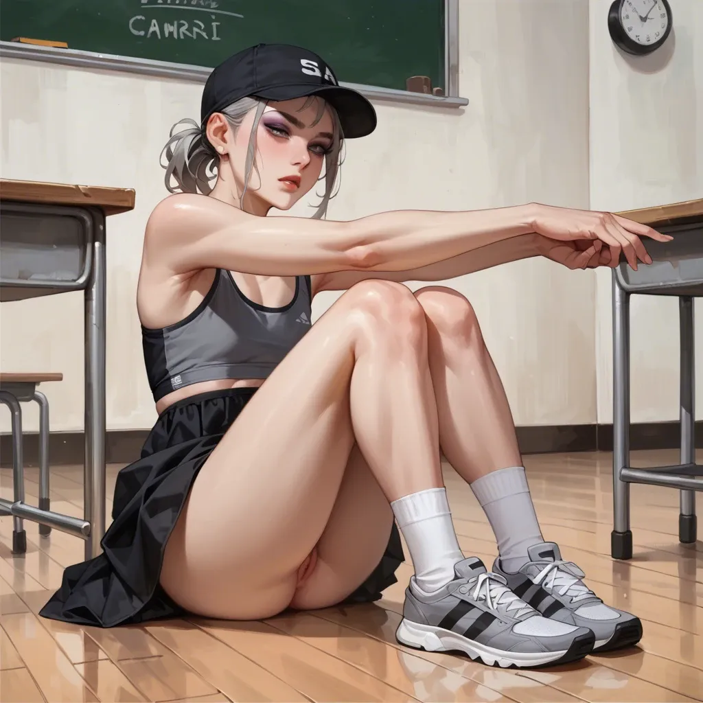 2girl, , , , eyeshadow,wrists,round boobs,bar background,knees up, outstretching,knee,flat chest,medium hips,bare shoulder, black dress,white socks,garrison cap,gray sports bra,shoes, classroom, streets, spaceship, girl lara croft, rapunzel waifu, dynamic view