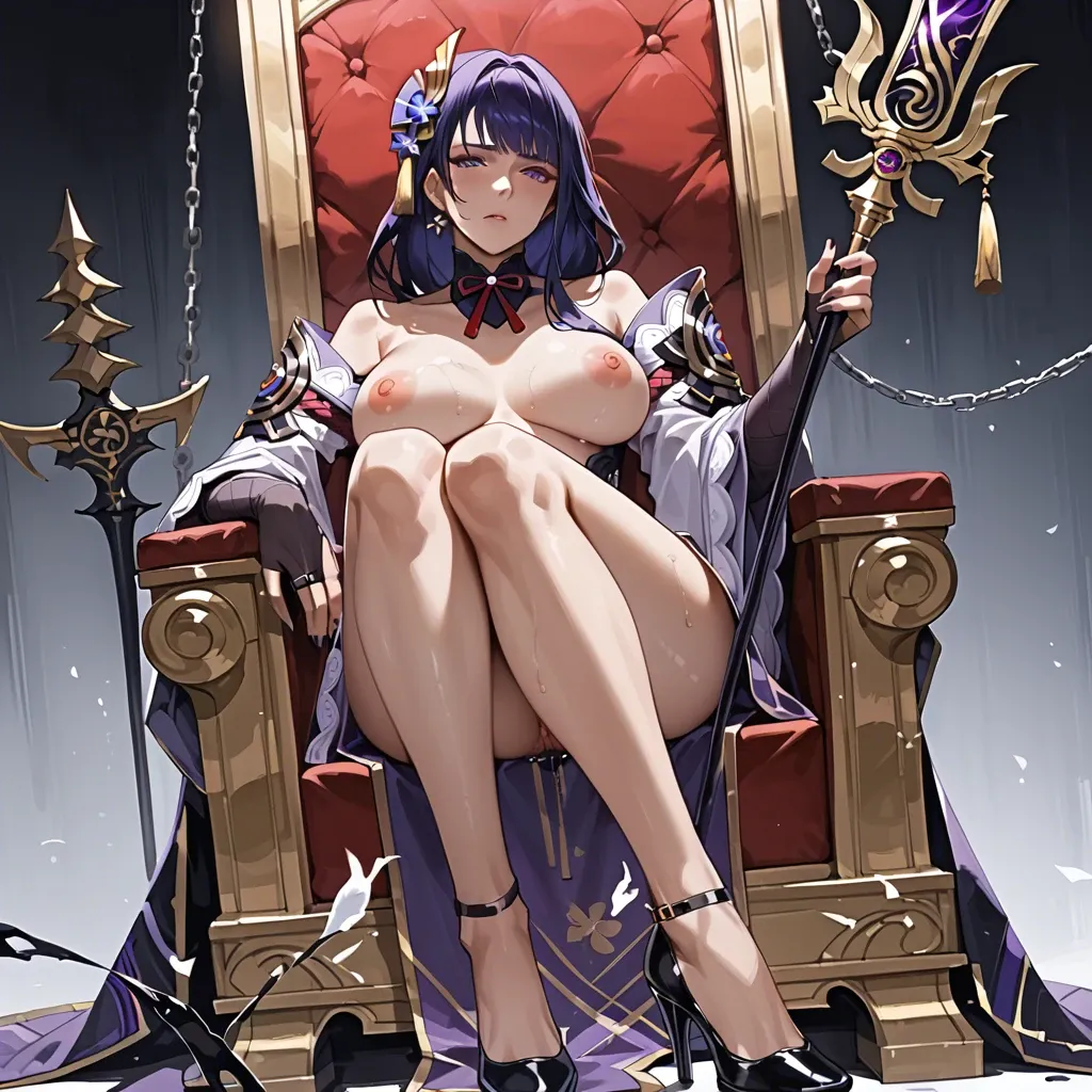 raiden shogun nude，sit on the throne，headband crown，holding scepter，cold expression，double crossed legs，black high heels，gold breasts chains，black silk gloves，Inside the dark palace，