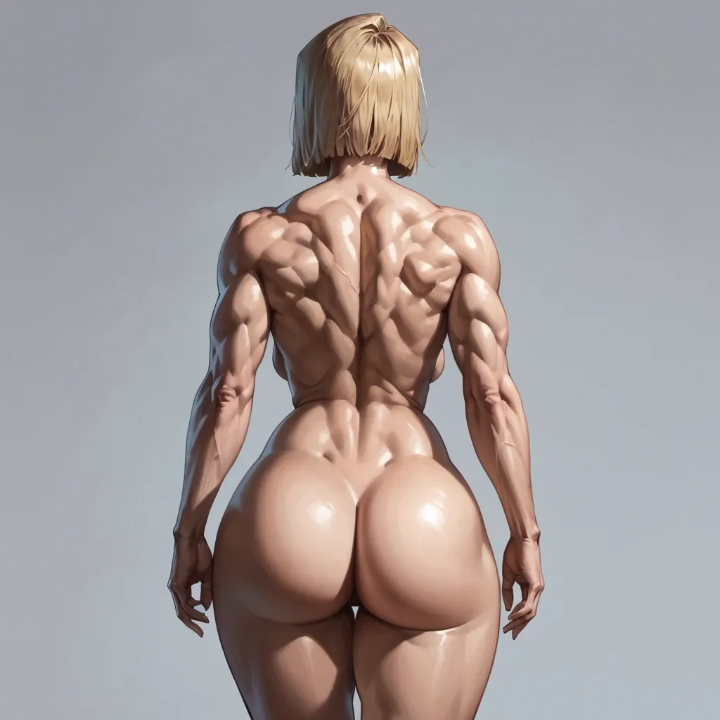 Back view, 1girl, mature woman, Android 18, naked, toned muscles, hourglass waist, wide hips, gigantic hips, big ass, thick thigs