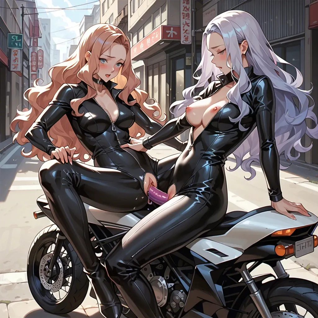 mirajane strauss, black unzipped exposed Catsuit, large long motorbike, sexy, anime cute style, straight hair, backward sitting on motorbike, sitting flipped, 2 girl sex, dildo sex, 2 women