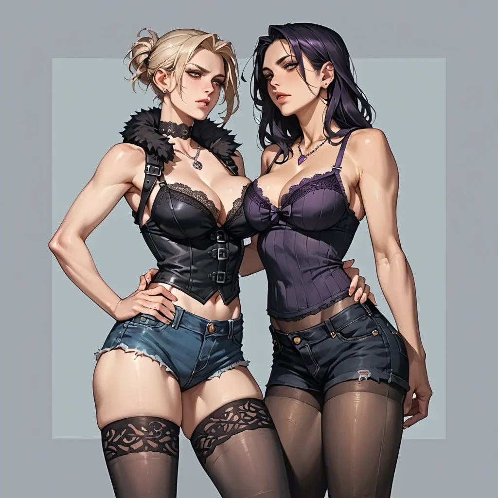 2girl, , , , double chin,sunshine,big tits,grabbing hips,wrists, cheekbones,camisole,large breasts,cleavage cutout,purple necklace, jean hotpants,tights,fur collar,lace lingerie,gothic boots, bedroom eyes, in a garden, castle, sex on table, photorealistic, night, 2 boys, hatsune miku