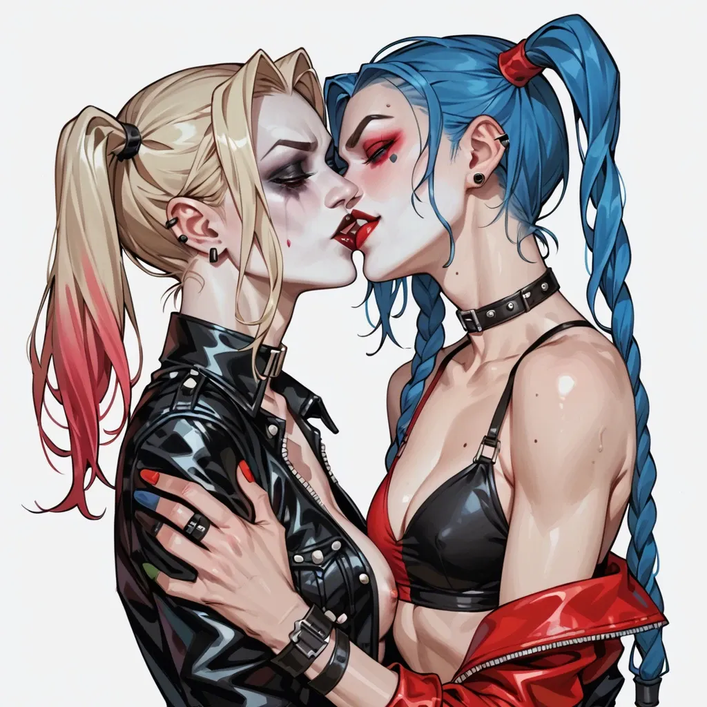 Jinx and Harley Quinn, full clothes, kissing and touching