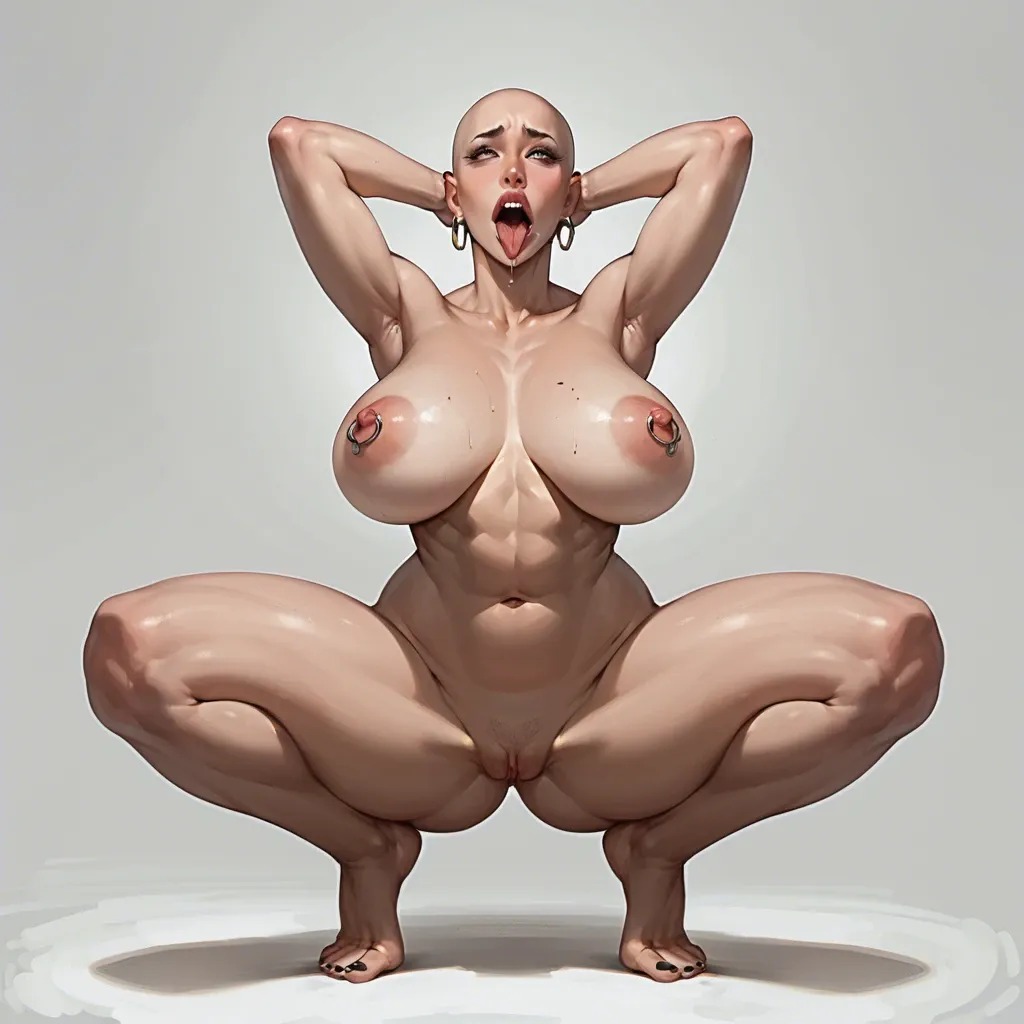 black woman, bald, ebony, squatting, arms up, naked, ahegao, giant tits, giant,nipple piercing, front view, six pack