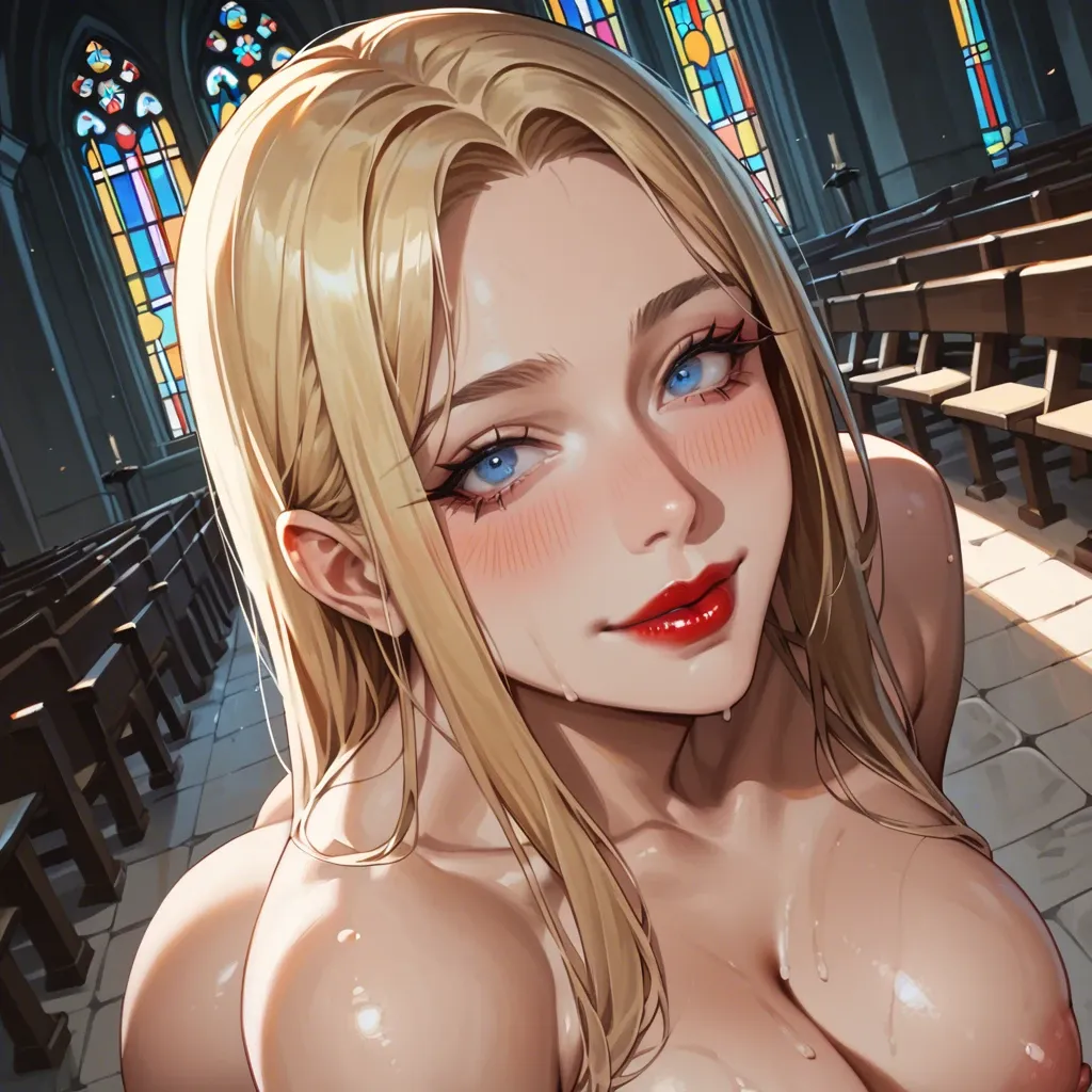 Blonde, blue eyes, long hair, blush, red lipstick, full body, close up, huge tits, big ass, fully naked, empty church,  smile, eye make up, view from above