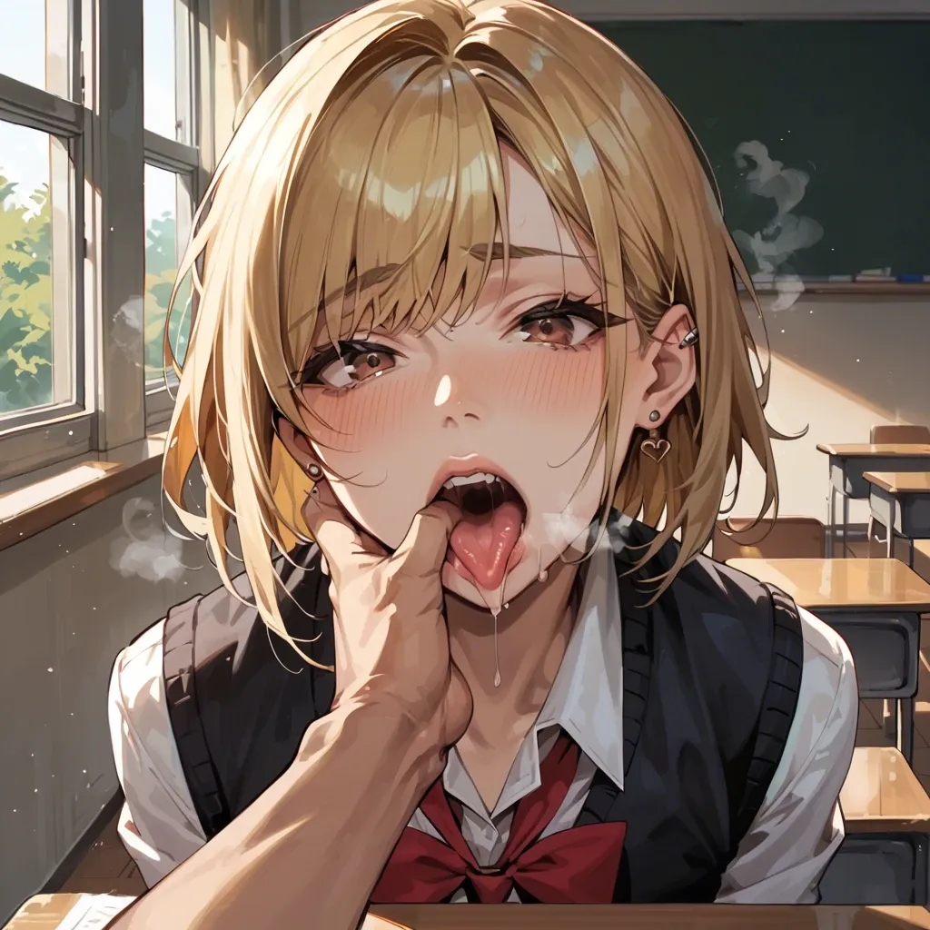 mouth wide open, finger in mouth, in school classroom, school uniform, brown eyes, shoulder length hair, femboy, blonde, earring in ear, pov, throat visible, steam from mouth, cute face, drooling