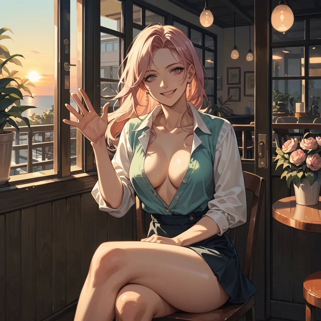 Lucía Muñiz, naughty smile, crossed legs, waving one hand, sensual,  unbuttoned blouse and miniskirt, sit on a chair in café in Rome, oudoor, sunset, play of shadows, beautiful lighting, subtle pastel tones, 8k