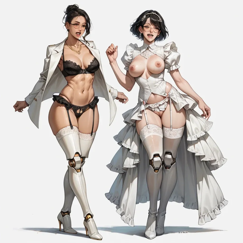 2girl, , , , teeth,thigh-high,perky tits,very large hips,robot joints, gown,laced,jewelry,frilled panties,white boots, open uniform,gold stockings,round glasses,black bra,heels, gray t-shirt,lace choker,lace panties,no bra,platform heels, in office, bathing in lake, camera, mario, moana, asuka