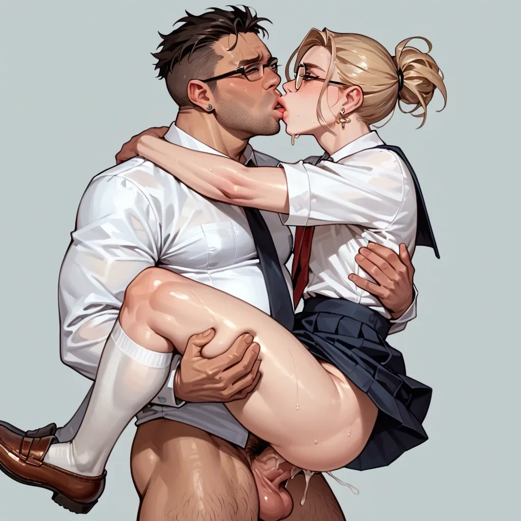 congress, femboy school uniform, flaccid penis, blond, shoulder length hair, brown eyes, glasses, earring, anal sex, perverted face, kissing, big man dick, orgasm, teacher costume, huge man dick, nelson, cumming dick, sex, 1 boy, 1 femboy,