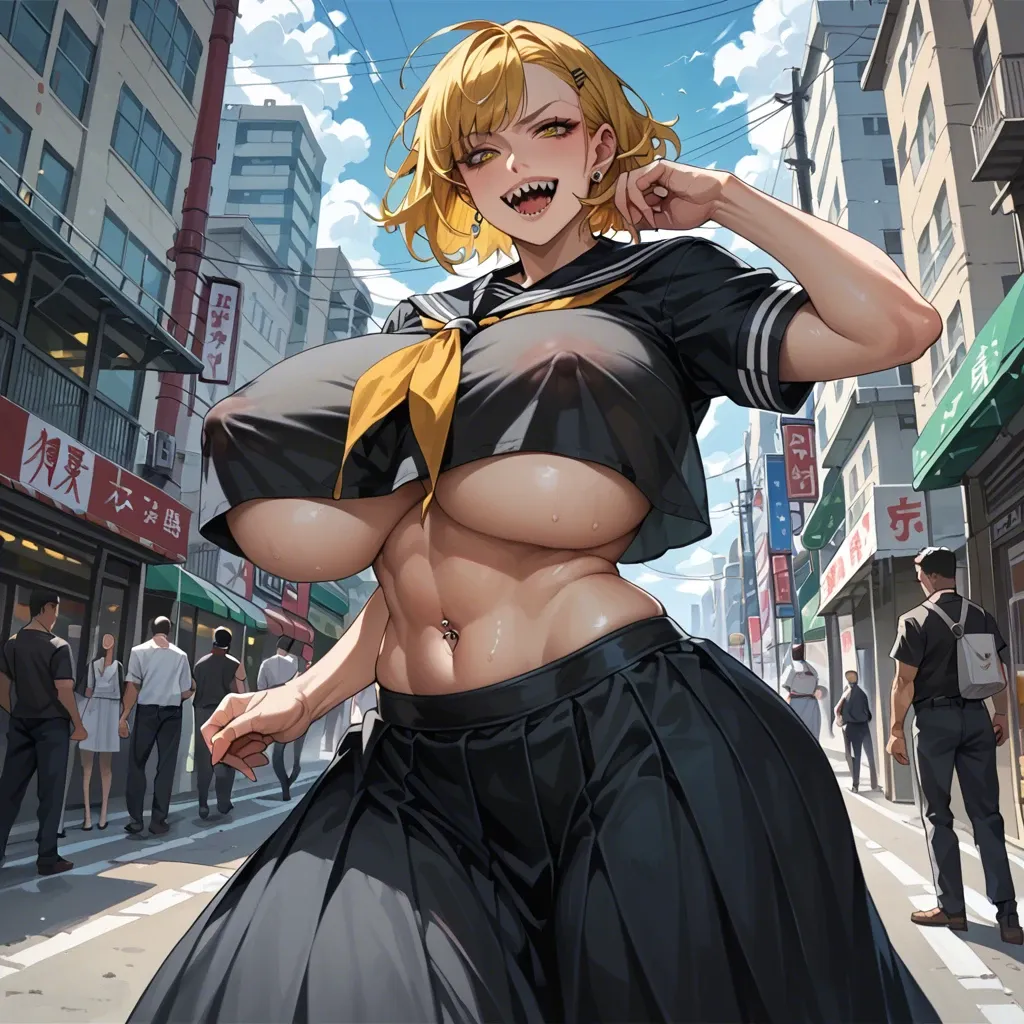 anime, yankee girl, black serafuku, long skirt, underboob, yellow hair, sharp teeth, smile, big breasts, huge nipple bulge, big hips, piercing