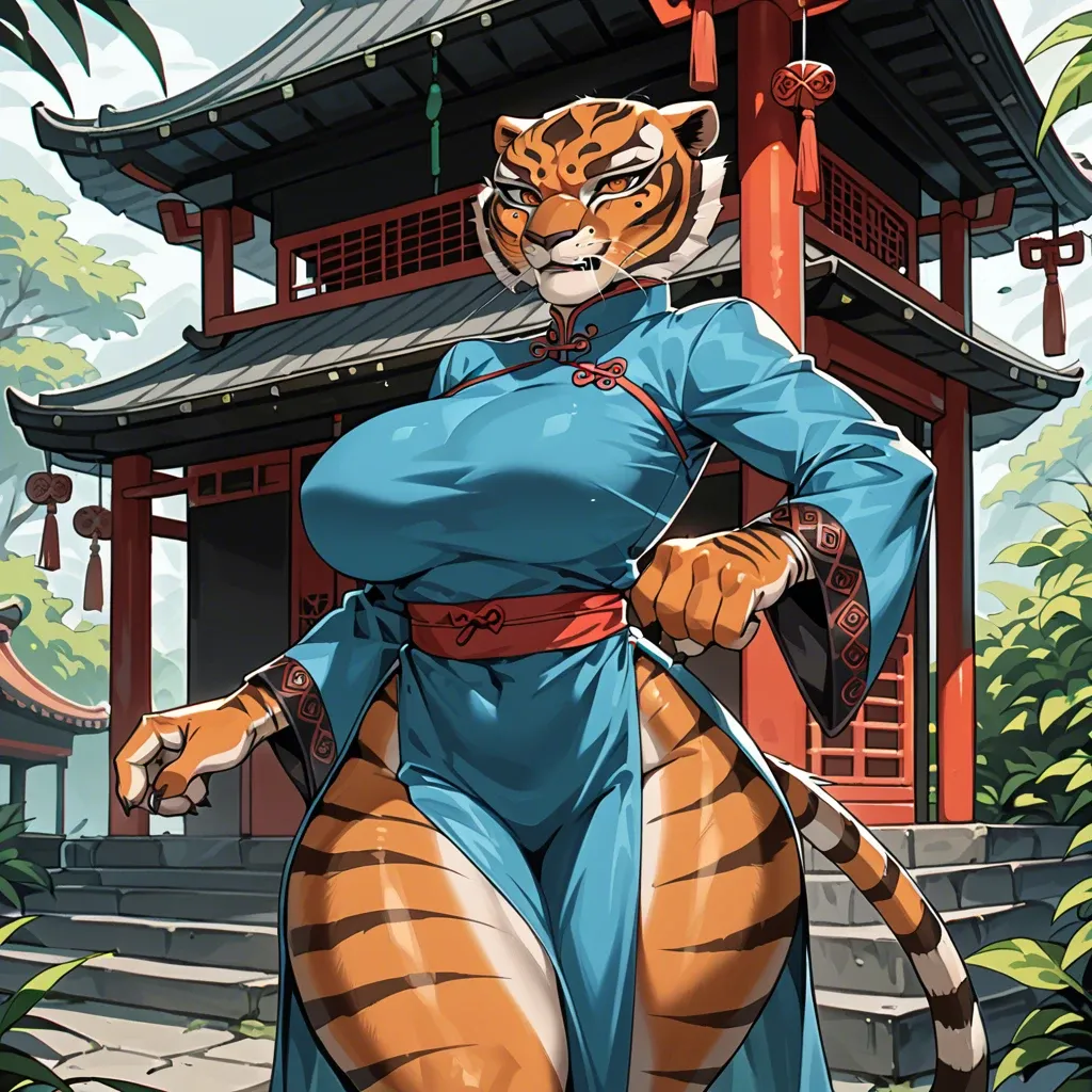 cartoon without light-shadow style, chinese house, Tigress (kung fu panda), closed сhinese long sleeve dress with loincloth, fluffy body,big breasts,huge ass and hips,wide hips