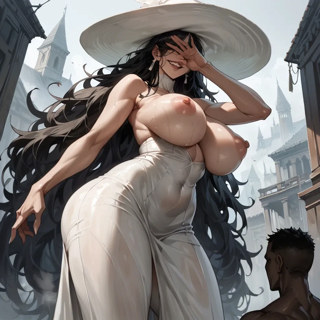 1 boy, 1 woman, very tall woman, long white dress, big white hat covering face, extremely long dark hair, extremely enormous tits, very wide hips, dark street, fog, exposed nipples, evil smile, topless, low angle side view, bent over, dripping pussy, asshole agape, young boy fucking her in bent over position, woman taller than boy, boy is very skinny