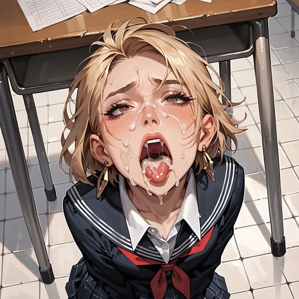 femboy instead of toilet, inscriptions on face, holds femboy's head, femboy, in school class, under desk, lots of cum, in school uniform, mouth wide open, brown eyes, shoulder length hair, blonde, earring in ear, ahegao, cum in mouth, cum explosion, thick cock, pov. blowjob